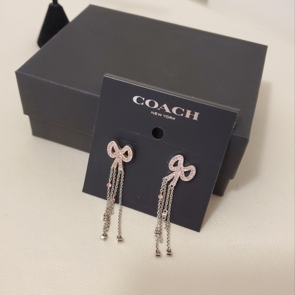 NWT Coach Pave Bow Swarovski Crystal Fringe Bow Earrings - Picture 1 of 9